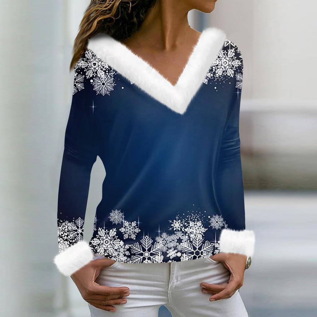 Женская мода повседневная плюшевая кофта с длинным рукавом и V-образным вырезом с рождественским принтом
