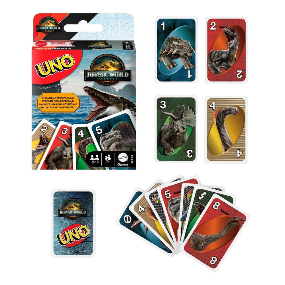 Mattel Games UNO Jurassic World Rebirth Card Game - with T-Rex Attack Special Rule, Collectible Family Party Game, 2-10 Players, Ages 7+