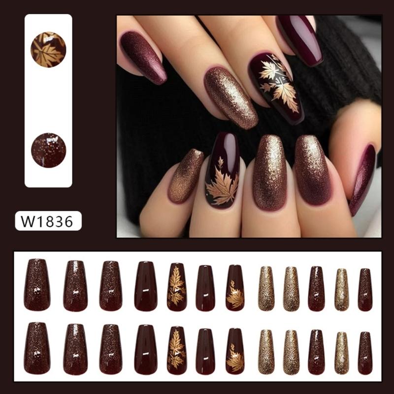 Pack Of 24 Amber Gold Maple Leaf Press On Nail For Autumn Winter ABS Stick On Nail Easy Application