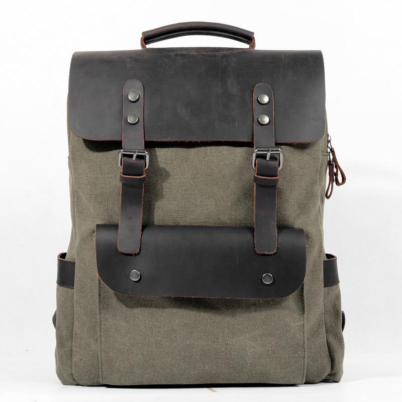 Vintage Canvas Backpack: Neutral College Style, Pure Cotton Canvas with Crazy Horse Leather Trim