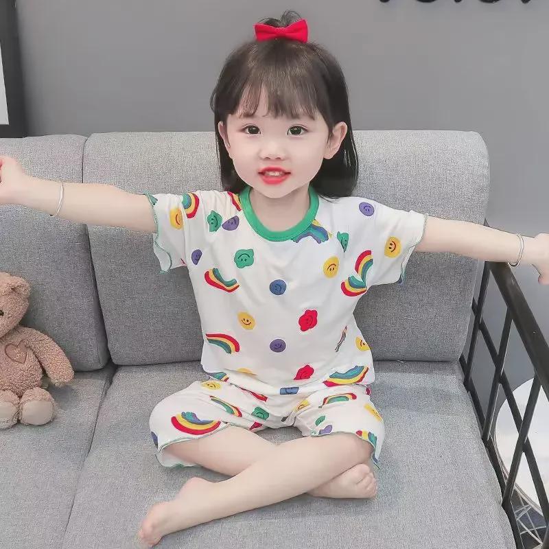 Ice Silk Soft Girls' Short-Sleeve Pajamas - Stylish Korean Summer Sleepwear for Babies