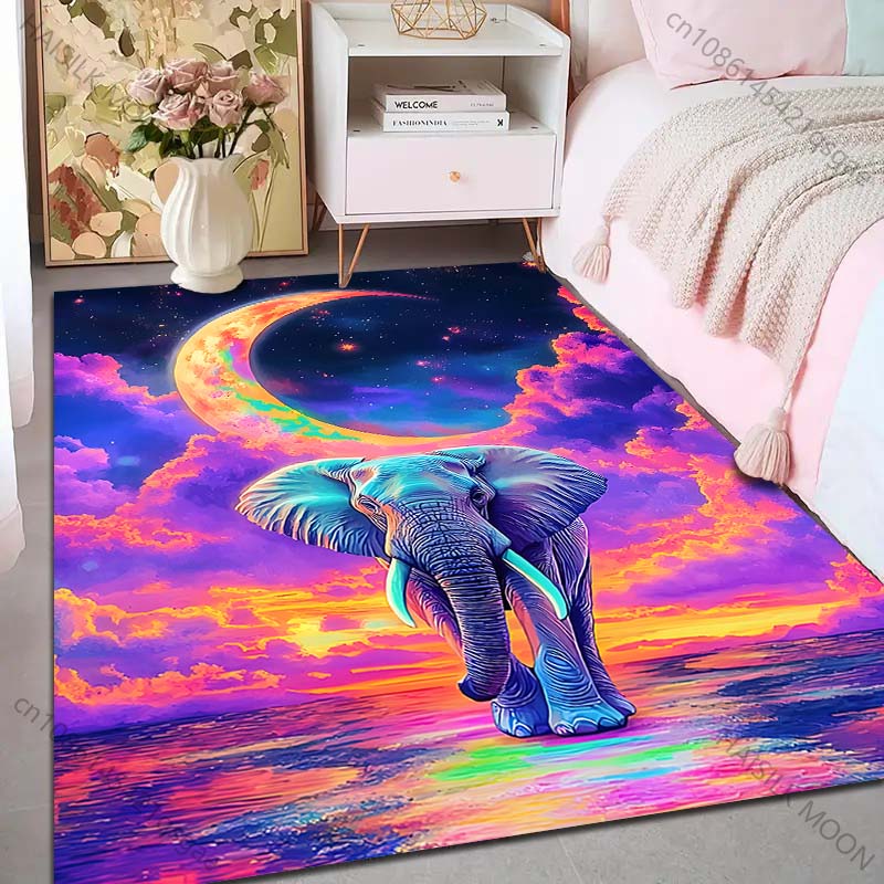 1PC Dreamy elephant under moon Print Carpet Rug for Living Room Bedroom Sofa Doormat Home Decor Non-slip Floor Mat