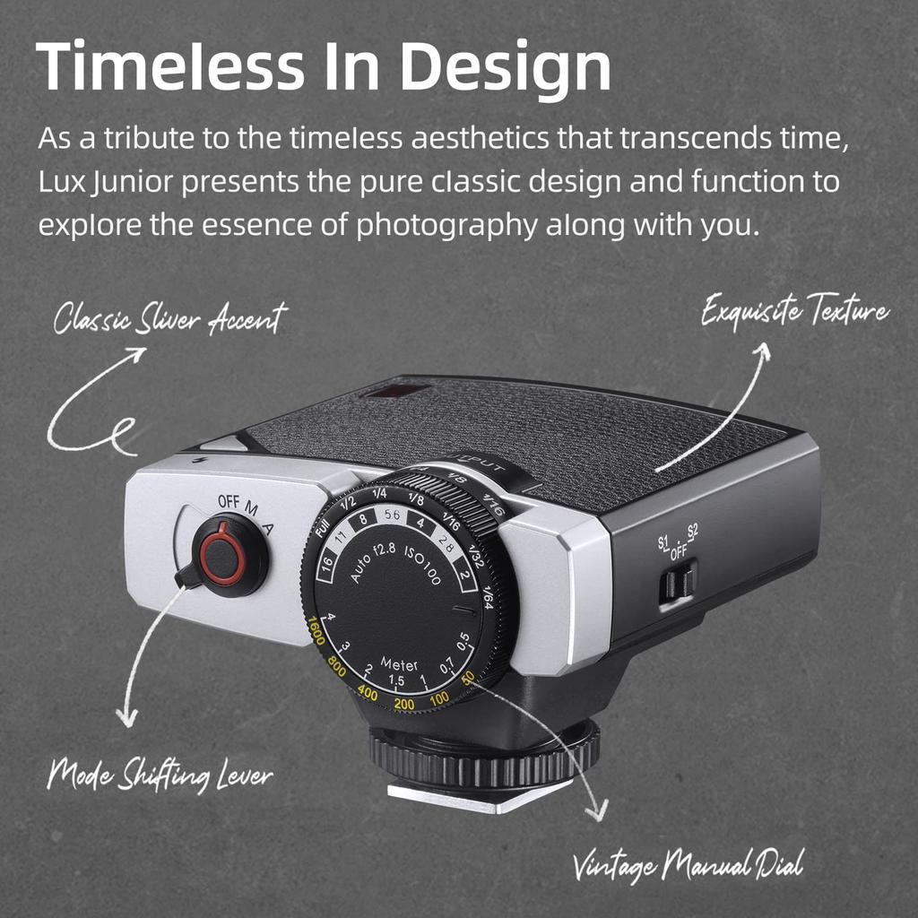 Вспышка Godox Lux Junior Retro с автоматическим и ручным режимами вспышки. Совместима с различными камерами, включая Canon, Nikon, Fuji,