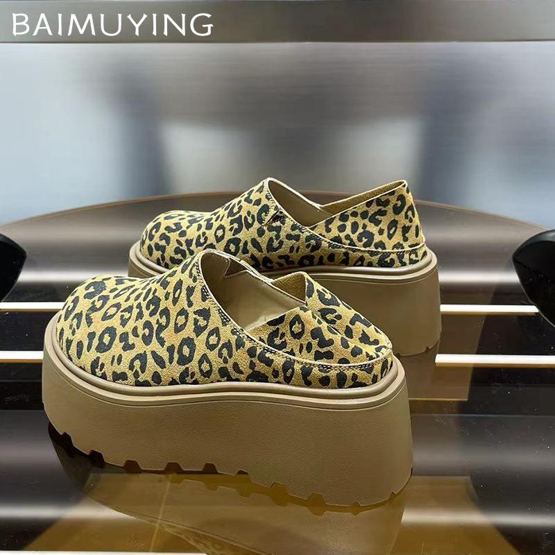 Женские туфли-лоферы с леопардовым принтом на платформе Модные замшевые туфли на среднем каблуке Дизайнерская повседневная обувь 2025 года Тренд Зима Новый Бренд Chaussures Lady