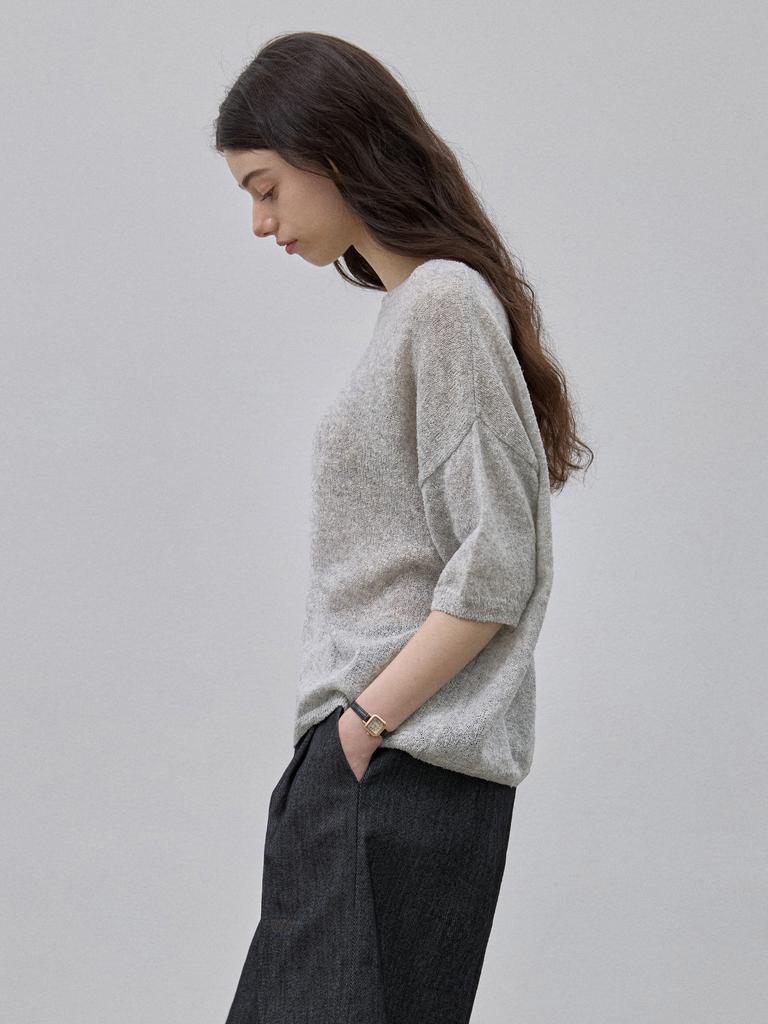 LE STUDIO Cooling Boat Neck Short Sleeve Knit Melange Gray