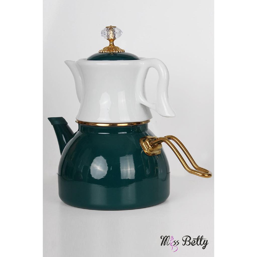 Enamel Teapot With Porcelain Teapot Dark Green