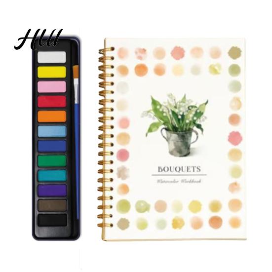 Relaxing Watercolor Painting Book Workbook with 12 Colors Pigment Step-by-Step Animal Flower Painted Coloring Guide Paper for Learning Techniques