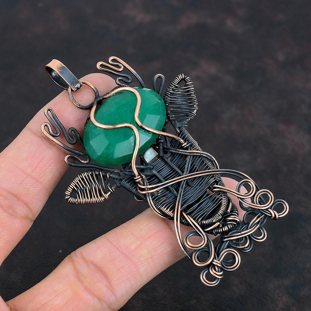 Подвеска с ограненным замбийским изумрудом, подвеска с медной проволокой, подвеска с лунным камнем, ювелирные изделия из драгоценных камней, подвеска ручной работы в виде оленьей морды, подарки на годовщину