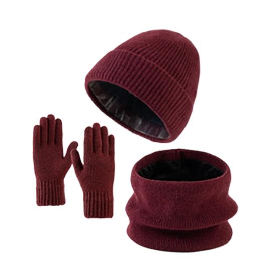 Yousheng 3Pcs/Set Winter Hat Scarf Gloves Set Solid Color Windproof Brimless Hat Neck Warmer Touch Screen Gloves Set
