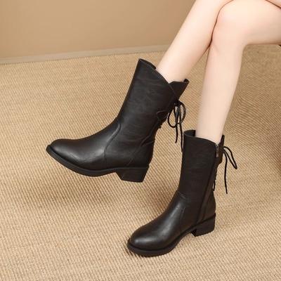 Осенне-зимние новые стильные модные женские сапоги на высоком каблуке, однотонные, из искусственной кожи, с перекрестными шнурками, женские сапоги для отдыха на квадратном каблуке