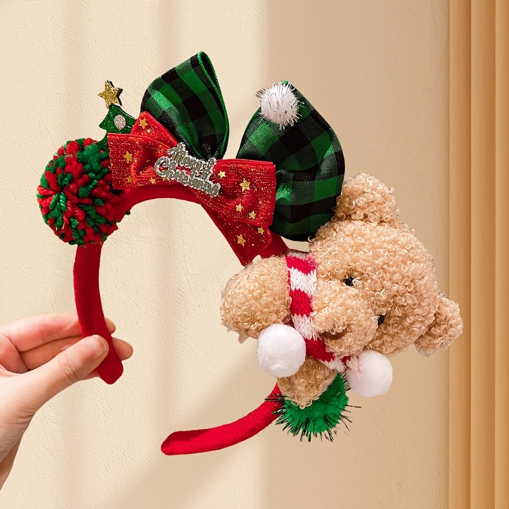 1 шт. Милая рождественская повязка на голову с плюшевым мишкой и клетчатыми ушками, красным и зеленым бантом и помпоном - Мягкий удобный праздничный аксессуар для волос