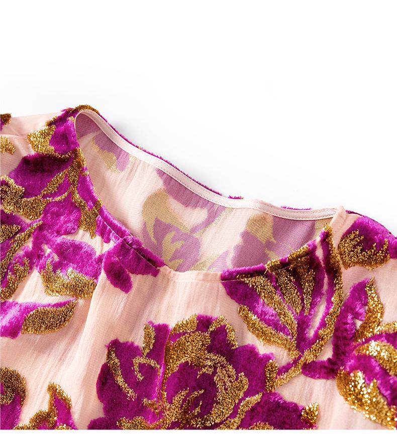 Luxury Women's Long Sleeve Flocked Top with Bright Silk Burnout Design