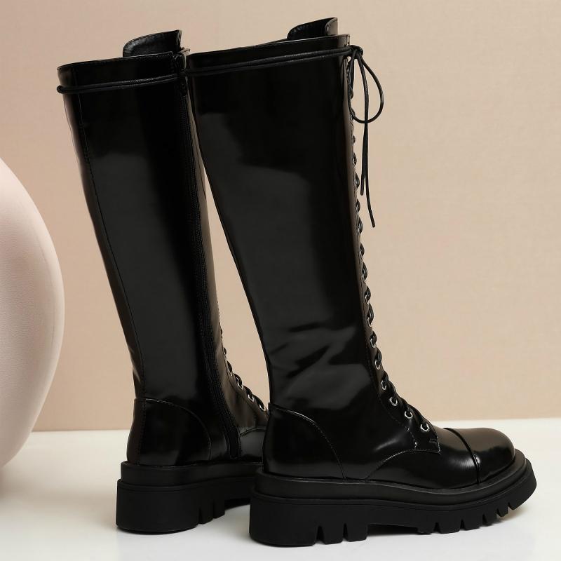 Fashion Fur Winter High Boots Women Shoes Lace Up Women's Knee High Boots Platform Waterproof Black White Long Combat Boot Shoes