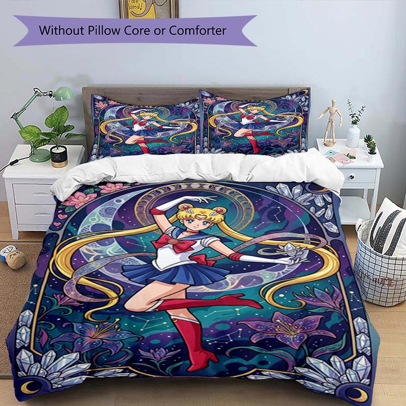 3pcs Duvet Cover Set (1*Duvet Cover + 2*Pillowcase, Without Core), Sailor Moon Print Bedding Set, Bedroom Decor, All‑Season, Birthday Gift