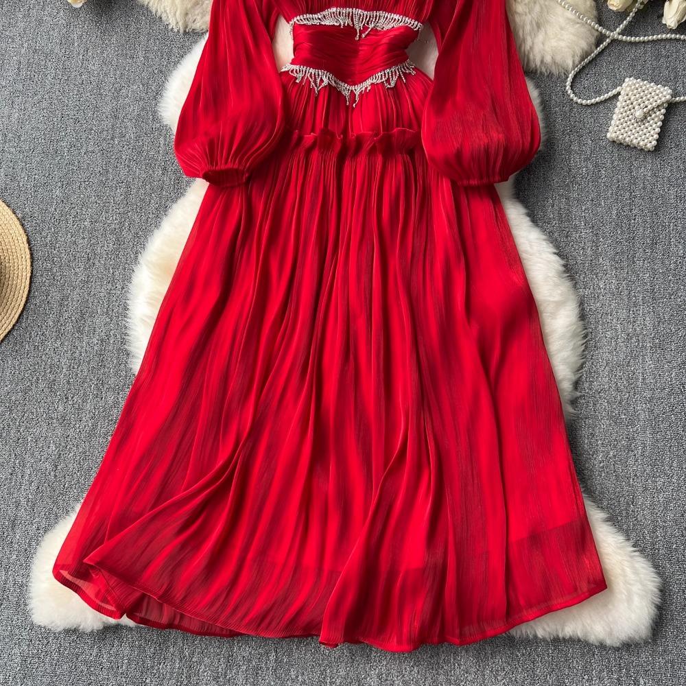 Новое элегантное платье с воротником-стойкой и рукавом-фонариком Mujer, облегающее платье с рюшами и большими качелями, тяжелый халат с кисточками и цепочкой, платье Moda во французском стиле