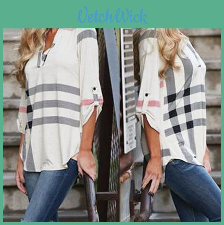 Womens Blouse New Striped Plaid Long Sleeve Ladies Top T Shirt Loose Tops Casual