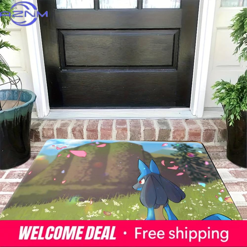 Pokemon Lucario Cherry Blossom Meadow Print Non-Slip Doormat, Absorbent Floor Mat for Home Decor