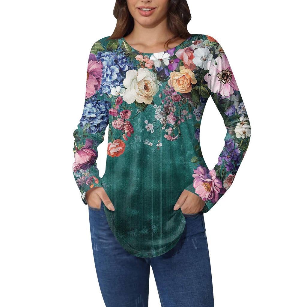 Рубашки для женщин Милые винтажные узоры с принтом Футболка с длинным рукавом Туника Топы Хлопковые пуловеры