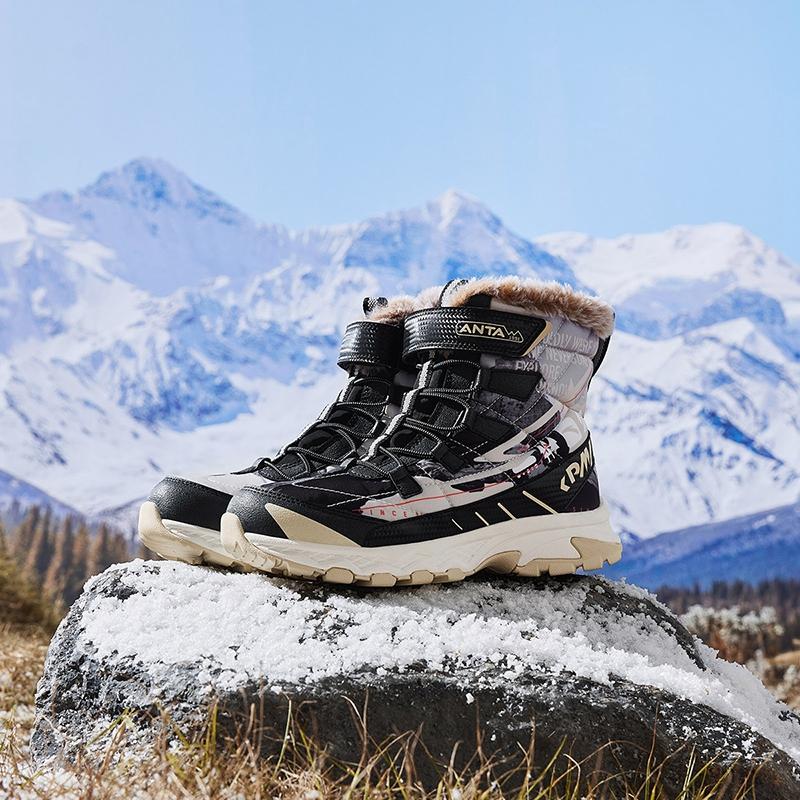 Anta Kids Synthetic Leather Mesh Thick Cotton Shoes Warm Wear-Resistant Non-Slip High-Top Boots Kids Boots Black Granule-Beige A12446926-2