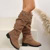 New Pleated Low Heels Women Shoes Soft Comfortable Round Toe Buckle Belt Long Boots Retro Solid Color Knee-High Women's Boots