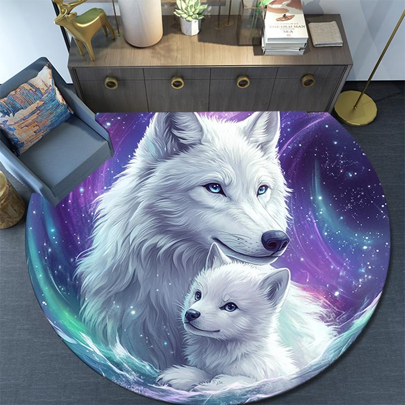 White Wolves Round Area Rug,Carpet Rug for Living Room Bedroom Sofa Playroom Decor,Non-slip Floor Mat