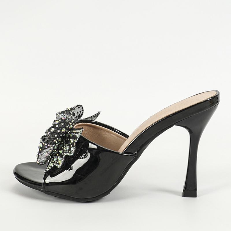 2025 New Arrivals Patent Leather Women Slippers Sandals Fashion Peep Toe Crystal Mesh Bowknot High Heels Summer Party Shoe