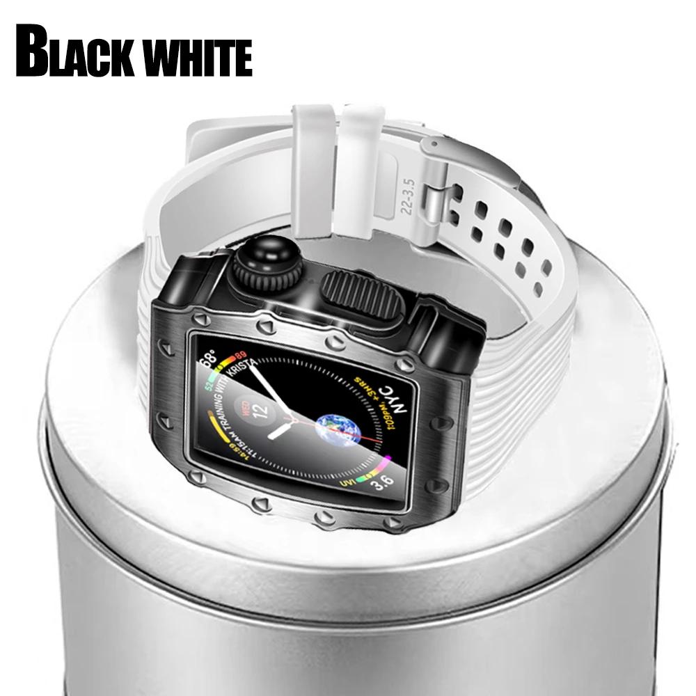 Роскошный корпус и ремешок для модификации Apple Watch Series 9 8 7 6 5 4 44 мм 45 мм Мужской прочный корпус Силиконовый спортивный ремешок для iWatch 5/4 SE