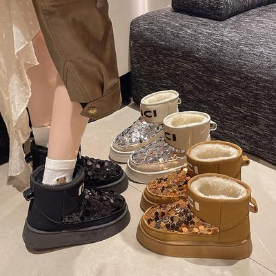 Модные женские зимние ботинки AJGS на толстой подошве, черные, с блестками, с шерстяной подкладкой, модные женские зимние теплые ботинки на платформе