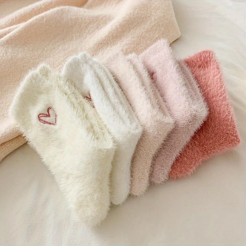 10pcs/5 Pairs Plush Double Heart Women's Mid-Calf Thickened Warm Winter Floor Socks,Stockings Suitable for Camping,long Sock