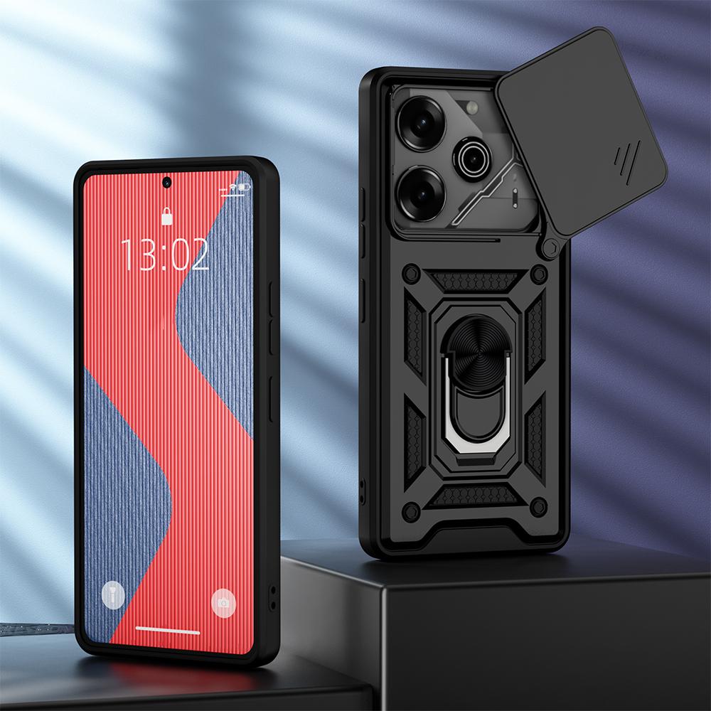 KEYSION Shockproof Armor Case for TECNO Pova 6 Pro 5G Slide Camera Lens Protection Metal Ring Stand Phone Cover for POVA 6 Neo
