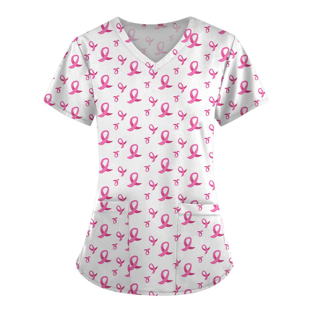 Женская модная рабочая одежда с v-образным вырезом и коротким рукавом с карманной футболкой с принтом.