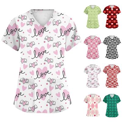 Женская милая блузка с принтом бантиков, рабочая одежда, V-образный вырез, двойной слой, карманы, базовая, с коротким рукавом, пуловер