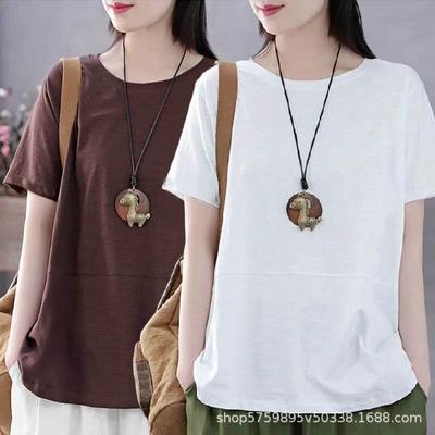 Летняя корейская большая женская одежда, футболка с короткими рукавами и круглым вырезом, свободные универсальные однотонные винтажные топы