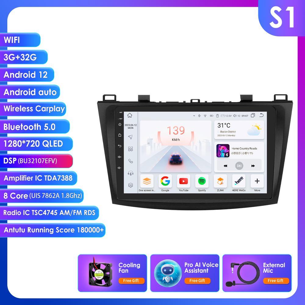 OSSURET 9-дюймовый экран Android 14 UIS7862 с Carplay для Mazda 3 2010 - 2013 Автомагнитола Автомобильная Мультимедиа GPS Интеллектуальная Навигация BT RDS DSP Восьмиядерный