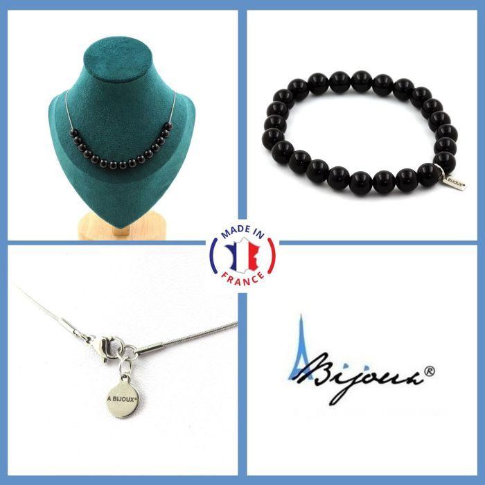 Pierres et Minéraux. Parure bijoux Bracelet Collier 15 Perles Agate noire 8 mm. Chaine en Taille personnalisable.