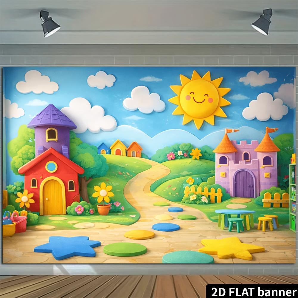 Background in 2D cartoon style, featuring smiling faces, suns, clouds, castles and cabins made of polyester.