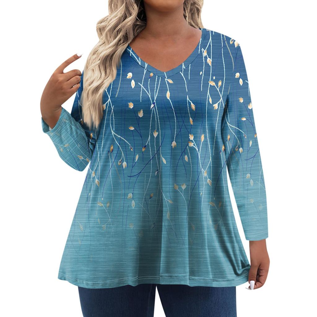 Женская футболка с винтажным цветочным принтом и V-образным вырезом, свободная, с длинным рукавом, большой размер