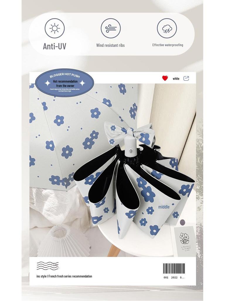 Automatic Floral Oil Painting Umbrella - Portable, Sturdy, Black Glue Sunscreen Parasol