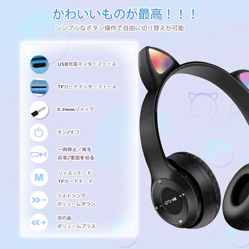 kids headphones Megadream wireless/wired headphones 85dB safety volume limit with microphone Cat ears LED light design Bluetooth5.0/wire length 1m TF