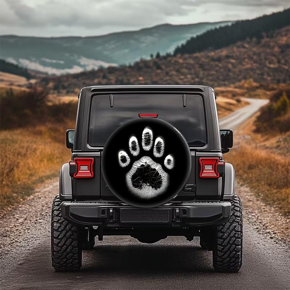 Paw Print Spare Tire Cover Black White Minimalist Animal SUV Wheel Protector Durable