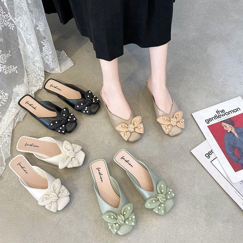 Домашние мюли, женские тапочки на низком каблуке и босоножки с бантом, лето 2024 г., мягкие домашние туфли, уникальная роскошь, легкая одежда, W