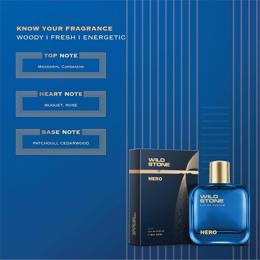 Wild Stone Hero Eau De Parfum For Men 100ml Long Lasting Luxury Fragrance With Woody Marine Notes Ideal Gift Perfume For Him