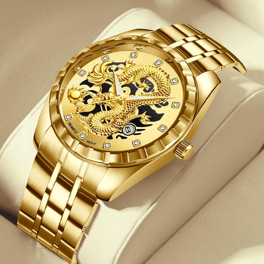 WLISTH Мужские часы с тисненым золотым драконом, водонепроницаемые, инкрустированные бриллиантами, мужские, модные, для среднего и пожилого возраста, часы