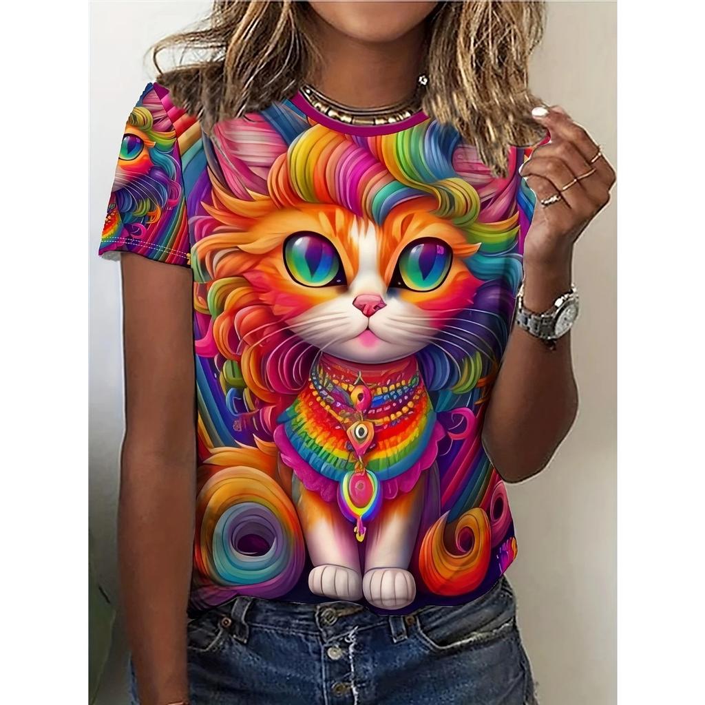 2025 Summer New Women's 3D Digital Printed T-shirt Creative Animal Pattern Round Neck Casual Short Sleeve Loose Fashion Top