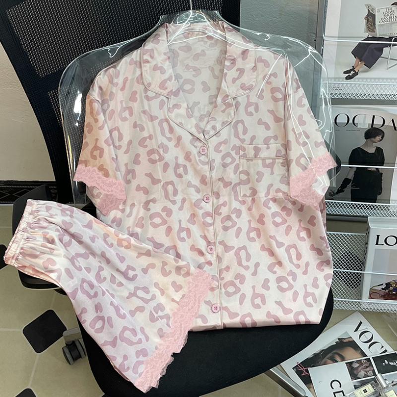 Летняя новая женская милая атласная пижама с цветочным принтом, короткий рукав + брюки, женская милая домашняя одежда, повседневная одежда