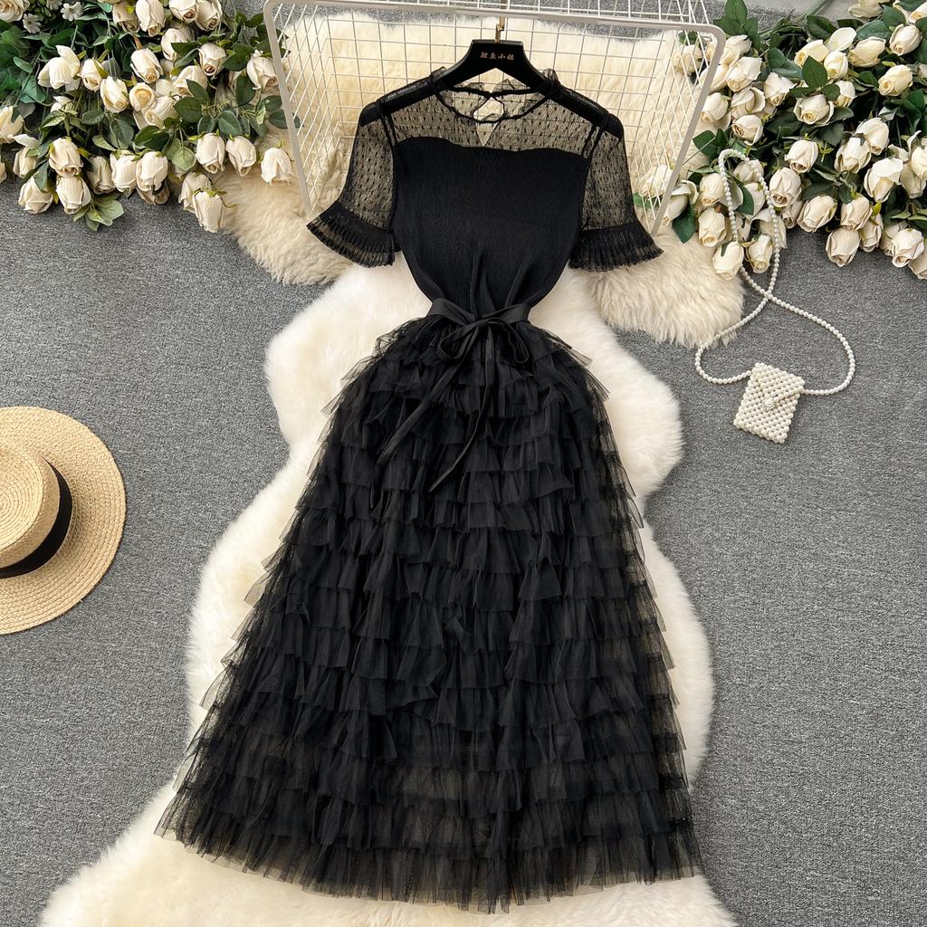 Nomikuma French Women Sweet Mesh Cake Dress Tie Up Waist Slimming Mid Length Elegant Long Cake Dresses 2024 Summer New Vestidos