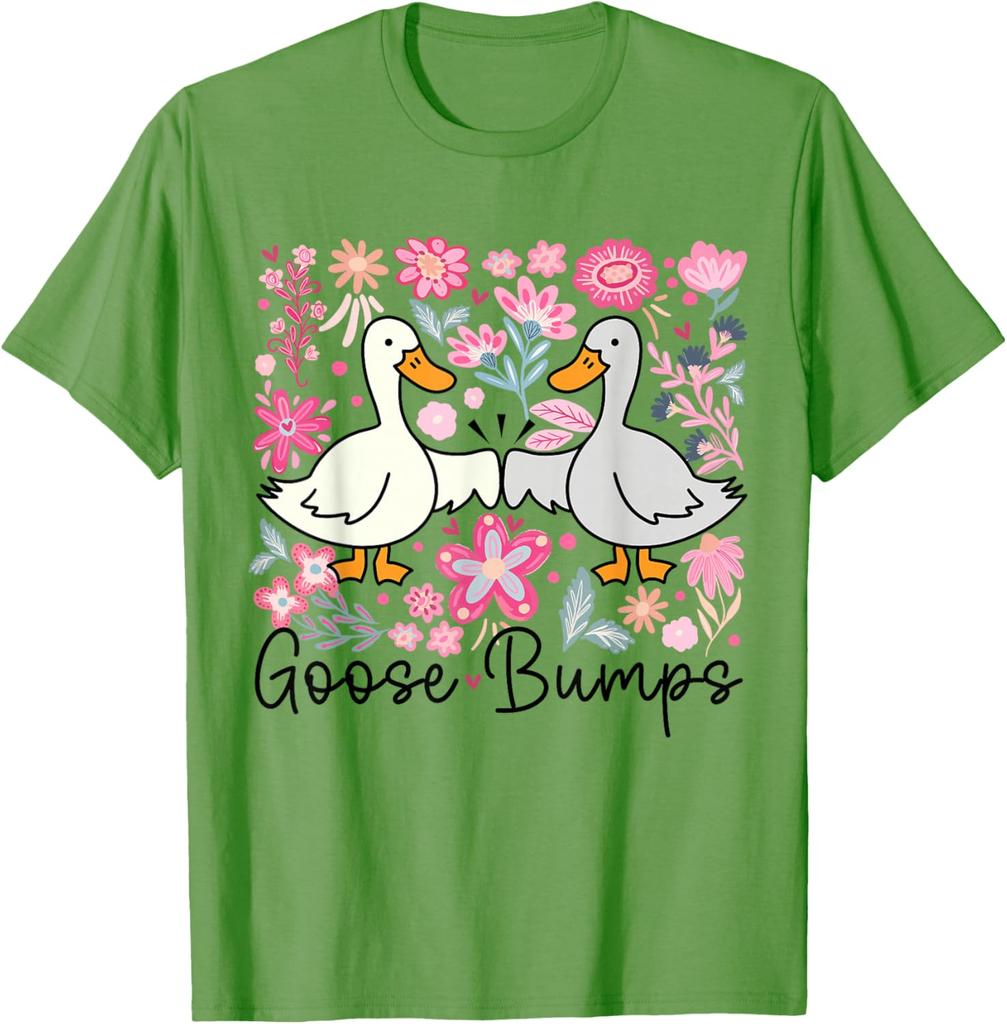 Goose Bumps Duck Floral Pun Graphic Tee Cute Casual Short Sleeve T-Shirt for Women