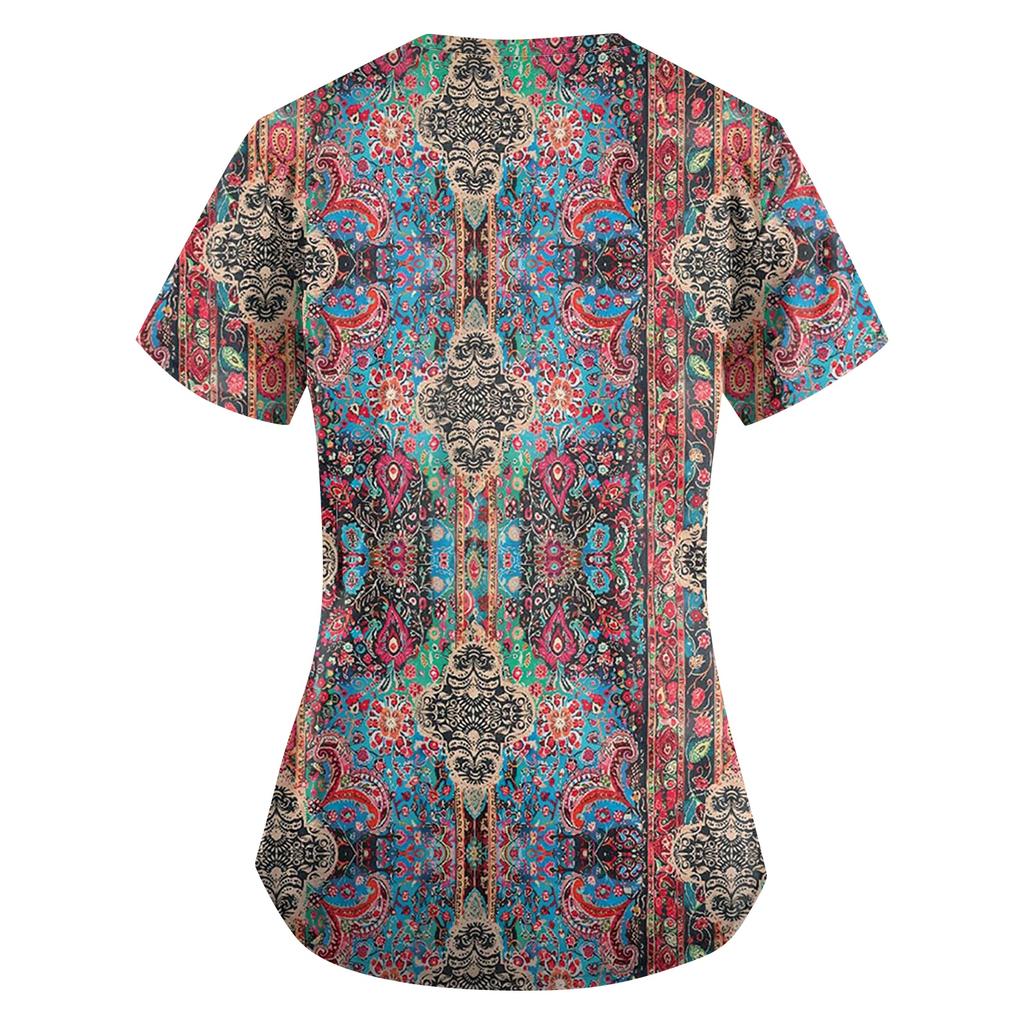 Большой размер Принтованный скраб Рабочая униформа Топы для женских V-образный вырез с запахом Принт Короткий рукав Веселые футболки Рабочая одежда Футболка с карманами