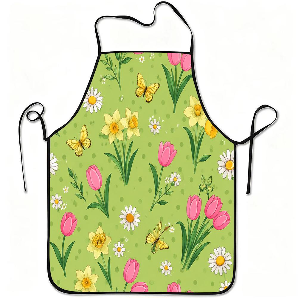 1pc Spring Flowers And Butterflies Print Apron, Durable And Easy to Clean, Adjustable Waistband, Polyester Material, for Kitchen Cooking, Gardening, O