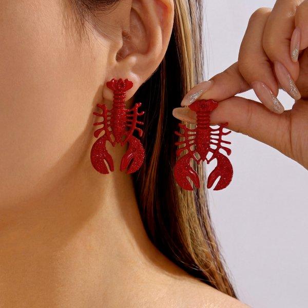 Boho Red Rhinestone Lobster Dangle Earrings for Women Ocean Crystal Zircon Animal Drop Earrings Summer Beach Party Jewelry